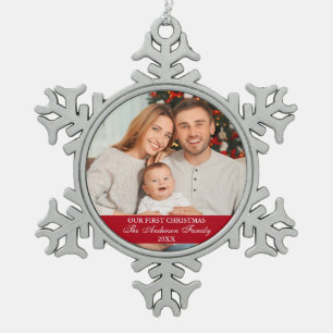 Onze eerste kerstfamilie Foto rood Tin Sneeuwvlok Ornament