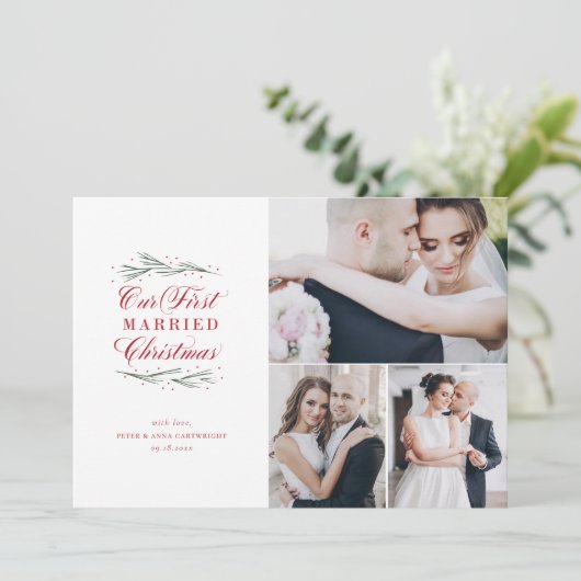 Onze eerste kerstfeestdag met kerstviering met mee feestdagenkaart (Staand voorkant)