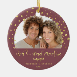 Onze eerste kerstfeestelijke foto Gold Confetti Keramisch Ornament