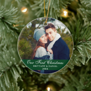 Onze eerste kerstfeestelijke foto groen keramisch ornament