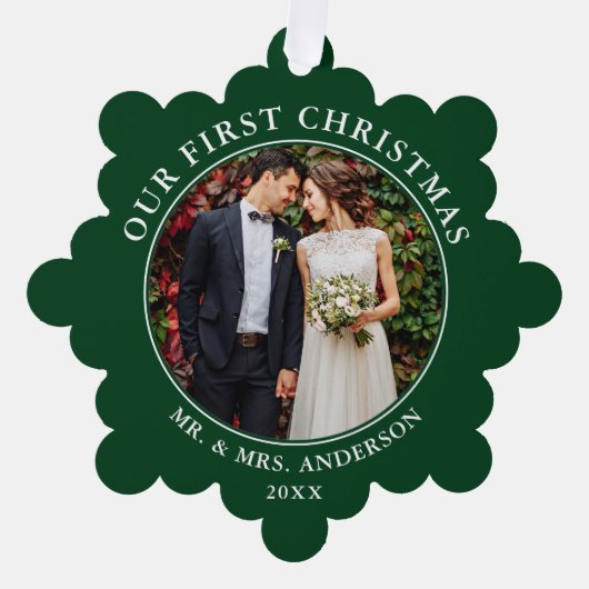 Onze eerste kerstfeestelijke foto groen ornament kaart (Voorkant)