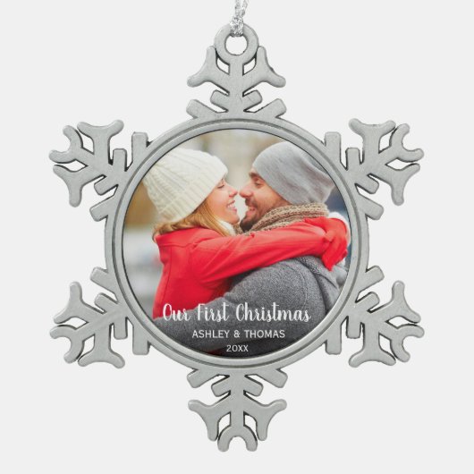 Onze eerste kerstfeestelijke foto Modern SF Tin Sneeuwvlok Ornament (Voorkant)