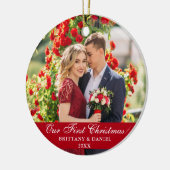 Onze eerste kerstfeestelijke foto Rood Keramisch Ornament (Links)