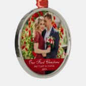 Onze eerste kerstfeestelijke foto Rood Metalen Ornament (Rechts)