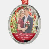 Onze eerste kerstfeestelijke foto Rood Metalen Ornament (Links)