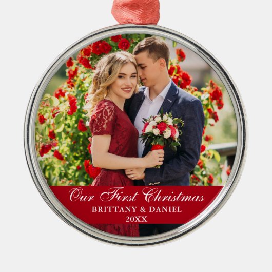 Onze eerste kerstfeestelijke foto Rood Metalen Ornament (Voorkant)