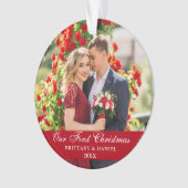 Onze eerste kerstfeestelijke foto Rood Ornament (voorkant)