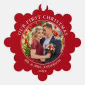 Onze eerste kerstfeestelijke foto Rood Ornament Kaart (Voorkant)
