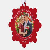 Onze eerste kerstfeestelijke foto Rood Ornament Kaart (Links)