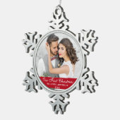 Onze eerste kerstfeestelijke foto Rood Tin Sneeuwvlok Ornament (Rechts)