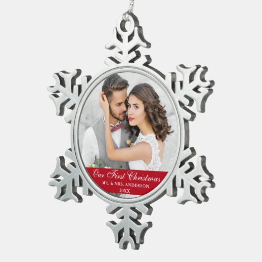 Onze eerste kerstfeestelijke foto Rood Tin Sneeuwvlok Ornament (Rechts)