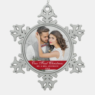 Onze eerste kerstfeestelijke foto Rood Tin Sneeuwvlok Ornament
