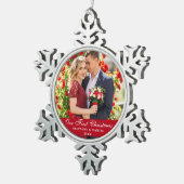 Onze eerste kerstfeestelijke foto Rood Tin Sneeuwvlok Ornament (Rechts)