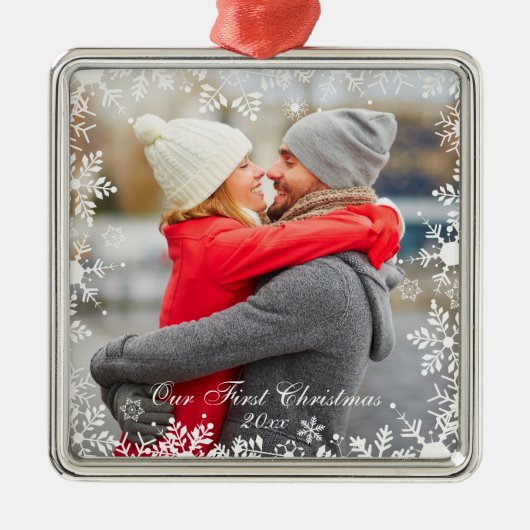 Onze eerste kerstfeestelijke foto Snowflake Border Metalen Ornament (Voorkant)