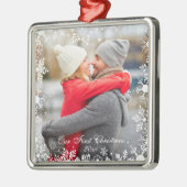 Onze eerste kerstfeestelijke foto Snowflake Border Metalen Ornament (Links)