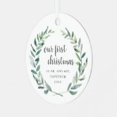 Onze eerste kerstfeestelijke Pas getrouwd Greenery Metalen Ornament (Voorkant links)