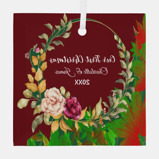 Onze eerste kerstfeestelijke Waterverf Groene Wrea Glas Ornament (Achterkant)