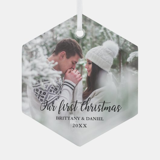 Onze eerste kerstfeestfoto glas ornament (Voorkant)