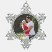 Onze eerste kerstfeestfoto tin sneeuwvlok ornament (Voorkant)