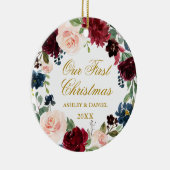 Onze eerste kerstFloral met gouden FOTO terug Keramisch Ornament (Rechts)