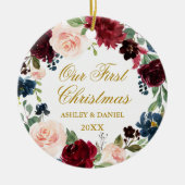 Onze eerste kerstFloral met gouden FOTO terug Keramisch Ornament (Voorkant)