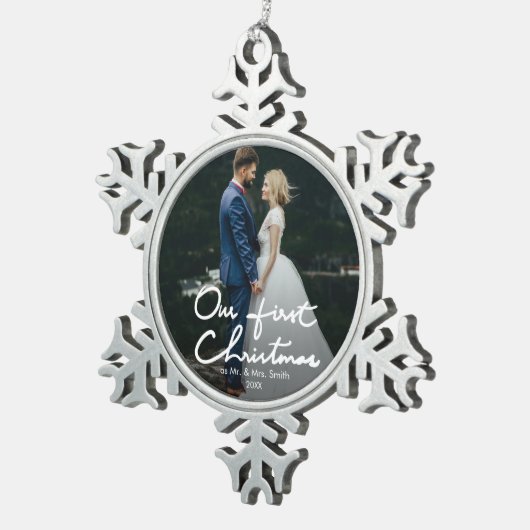 Onze eerste kerstfoto Chic Keepomwille Tin Sneeuwvlok Ornament (Rechts)