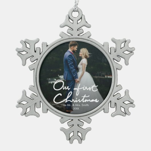 Onze eerste kerstfoto Chic Keepomwille Tin Sneeuwvlok Ornament (Voorkant)