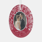 Onze eerste kerstfoto Cranberry Glas Ornament (Voorkant links)