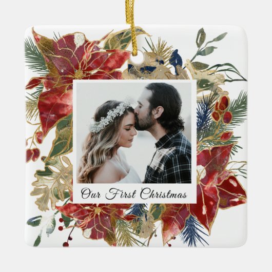 Onze eerste kerstfoto Elegant Floral Keramisch Ornament (Voorkant)