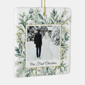 Onze eerste kerstfoto Elegant Winter Evergreen Keramisch Ornament (Rechts)