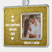 Onze eerste kerstfoto en naam Glitter Verzilverd Omlijst Ornament (Links)