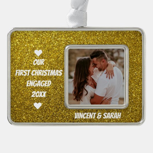 Onze eerste kerstfoto en naam Glitter Verzilverd Omlijst Ornament (Voorkant)