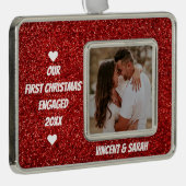 Onze eerste kerstfoto en naam Glitter Verzilverd Omlijst Ornament (Rechts)