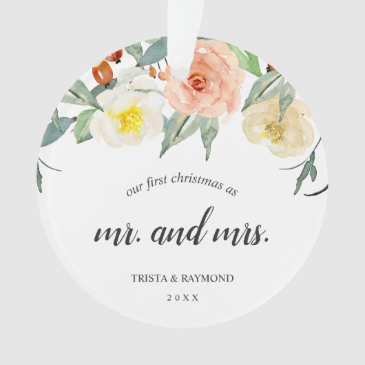 Onze eerste kerstfoto Floral Pas getrouwd Foto Ornament (voorkant)