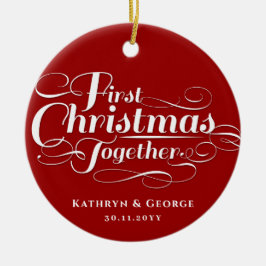 Onze eerste kerstfoto in het witte script keramisch ornament