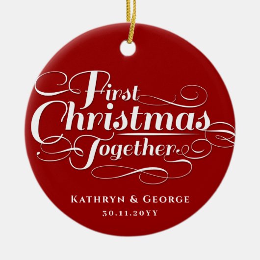 Onze eerste kerstfoto in het witte script keramisch ornament (Voorkant)