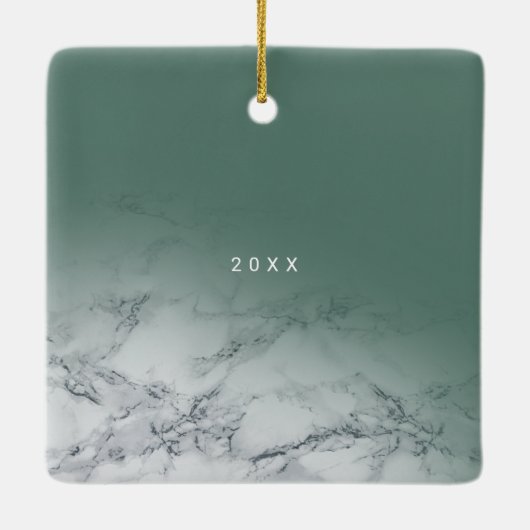 Onze eerste kerstfoto is groen, modern marmer keramisch ornament (Achterkant)