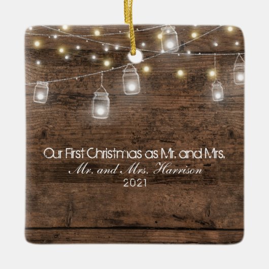 Onze eerste kerstfoto Mason Jars String Lights Keramisch Ornament (Voorkant)