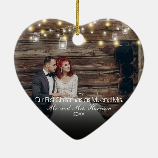 Onze eerste kerstfoto Mason Jars String Lights Keramisch Ornament (Achterkant)