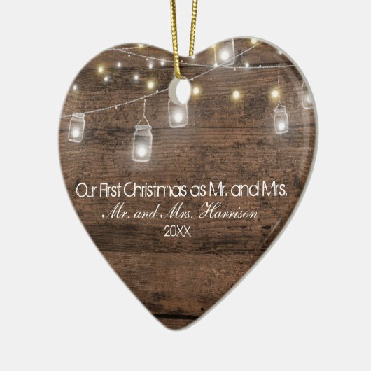 Onze eerste kerstfoto Mason Jars String Lights Keramisch Ornament (Links)