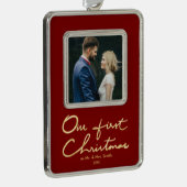 Onze eerste kerstfoto met aangepast handschrift verzilverd omlijst ornament (Rechts)
