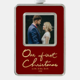 Onze eerste kerstfoto met aangepast handschrift verzilverd omlijst ornament