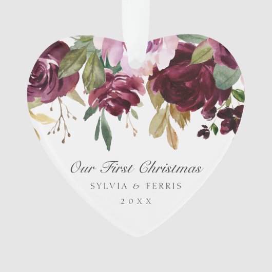 Onze eerste kerstfoto met elegant Plum Floral Ornament (voorkant)