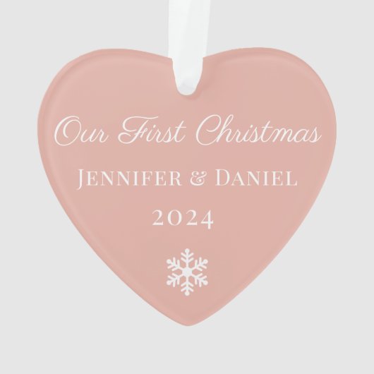 Onze eerste kerstfoto met elegant Roos Gold Couple Ornament (achterkant)