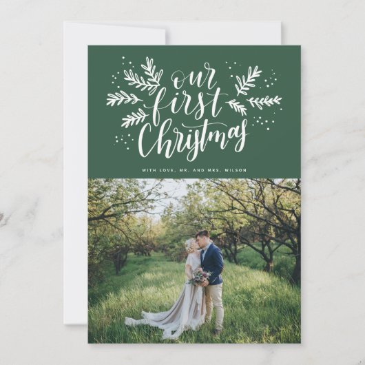 Onze eerste kerstfoto met handschrift Pas getrouwd Feestdagenkaart (Voorkant)