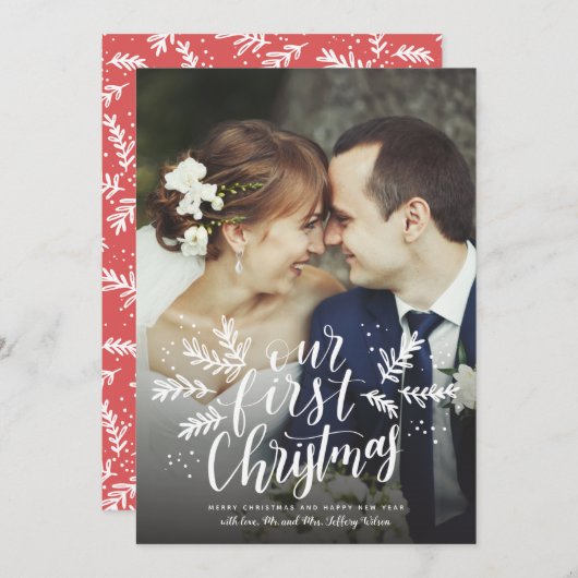 Onze eerste kerstfoto met handschrift Pas getrouwd Feestdagenkaart (Voorkant / Achterkant)