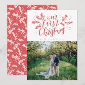 Onze eerste kerstfoto met handschrift Pas getrouwd Feestdagenkaart (Voorkant / Achterkant)