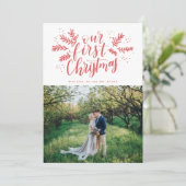 Onze eerste kerstfoto met handschrift Pas getrouwd Feestdagenkaart (Staand voorkant)