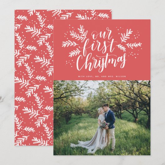 Onze eerste kerstfoto met handschrift Pas getrouwd Feestdagenkaart (Voorkant / Achterkant)