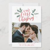 Onze eerste kerstfoto met handschrift Pas getrouwd Feestdagenkaart (Voorkant)